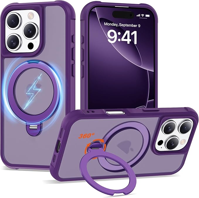 Compatible with iPhone 16 Pro Case with Invisible Magnetic 360°Spin Stand,Military-Grade Shockproof Protection [Compatible with Mag-Safe] Non-Slip Edge Translucent Case (6.3",Purple)