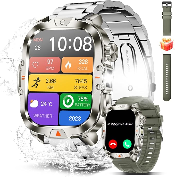 Smart Watch for Men Military Answer/Make Call 2.01″ Display 170+ Sports Modes Fitness Smart Watch IP68 Waterproof 30 Days Standby Smartwatch for Android iOS Silver (2 Straps)