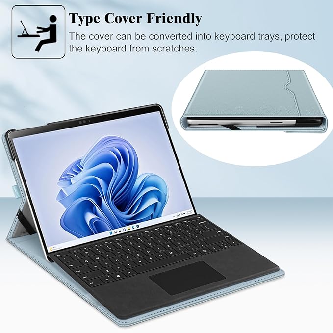 Fintie Case for 13 Inch Microsoft Surface Pro 11/10/9 - Multiple Angle Viewing Portfolio Business Cover with Pocket & Stylus Holder, Compatible with Type Cover Keyboard, Ice Blue