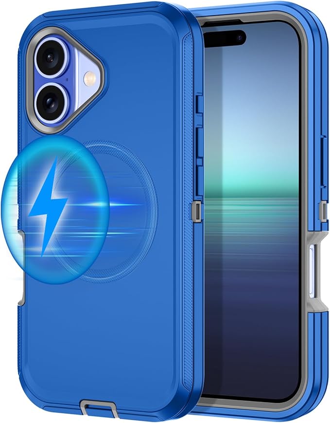for iPhone 16 Plus Case [Compatible with MagSafe] Shockproof 3-Layer Full Body Protection [Without Screen Protector] Rugged Heavy Duty Cover Case for Apple iPhone 16 Plus 6.7",Sea Blue/Grey