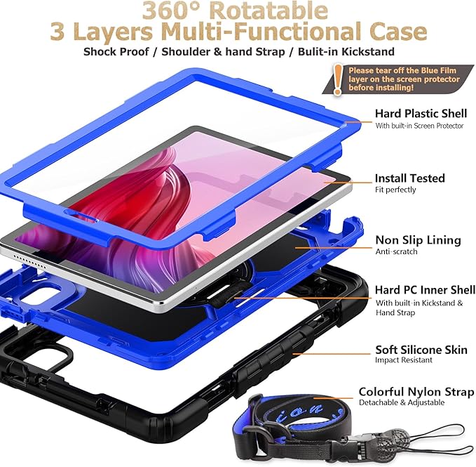 SEYMAC stock Case for Lenovo Tab M9 (TB-310FU) 2023 with Screen Protector, Drop-Proof Protection Cover with 360° Rotating Stand &Strap [Pen Holder] Case for Lenovo Tab M9 9'' (Blue+Black)
