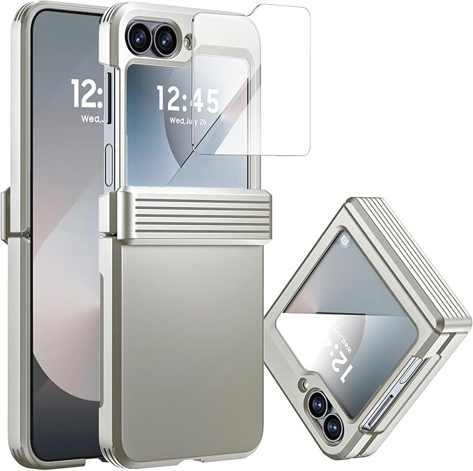 CENMASO for Galaxy Z Flip 6 Case/Z Flip 7 FE Case with Hinge Protection & Built-in Screen Protector, Ultra-Thin Full-Body Shockproof Protection Phone Case for Z Flip 6/Flip 7 FE-Natural Titanium