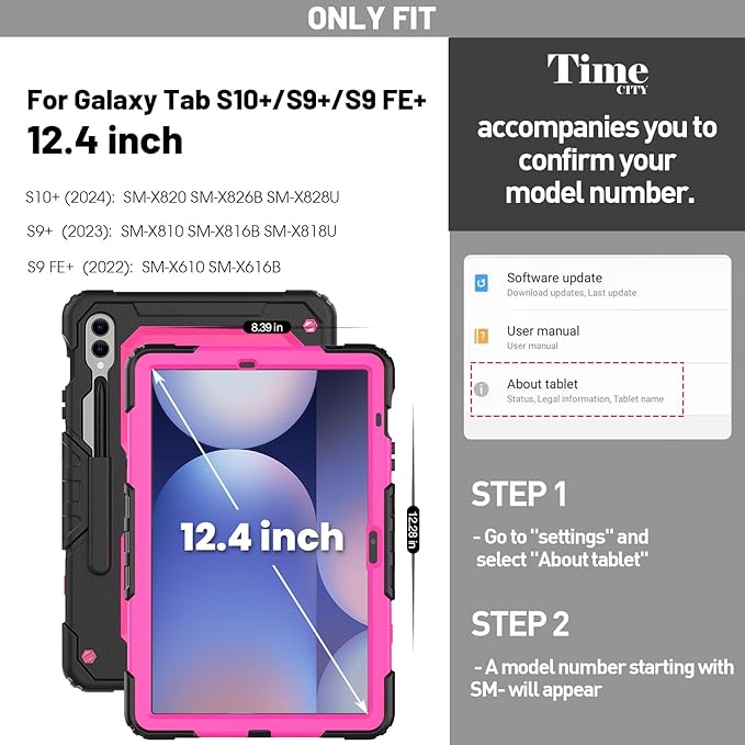 Timecity Case for Samsung Galaxy Tab S10 Plus/ S9 FE Plus/ S9 Plus 5G Tablet 12.4'' Case - Heavy Duty Protective Cover with Screen Protector, Stand, Shoulder Strap & S Pen Holder, Kids-Friendly, Rose