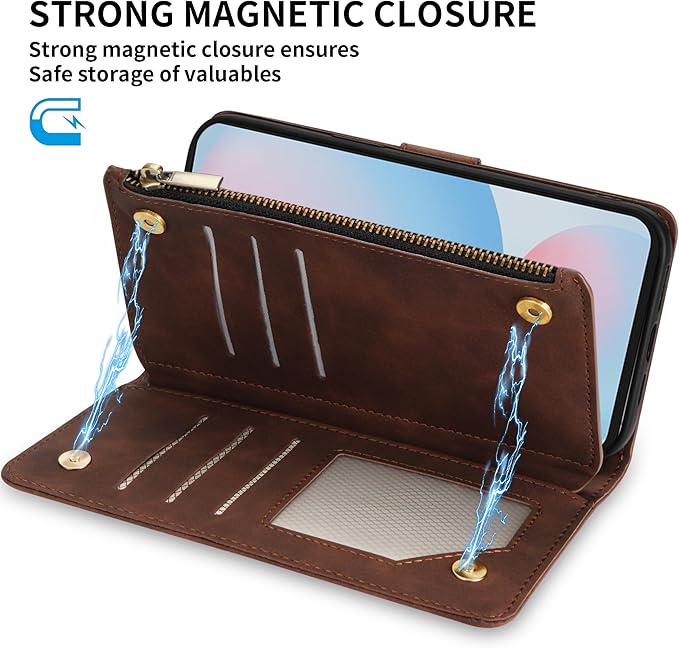 ZZXX for Samsung Galaxy S24 FE Wallet Case with RFID Blocking Card Slot PU Leather Zipper Flip Folio with Strap Kickstand Protective Cover for Samsung Galaxy S24 FE Case Wallet(Coffee-6.7 inch)