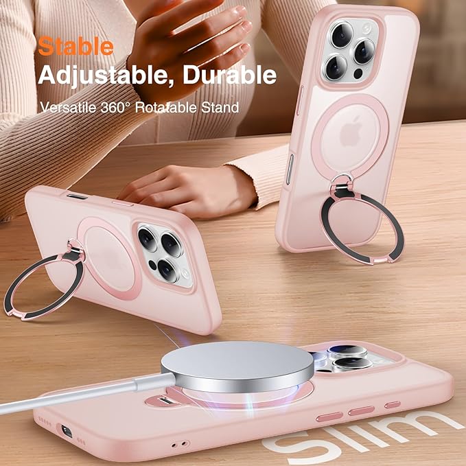 360° O-Ring MagStander for iPhone 15 Pro Max Case with Magnetic Kickstand Ring Holder [Compatible with MagSafe][360°Rotate Stand][Military Shockproof] iPhone 15 Pro Max Phone Cover Pink