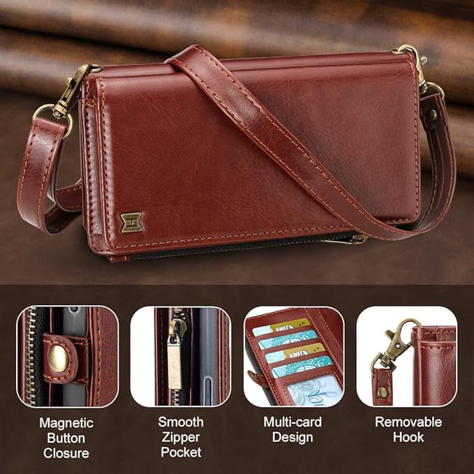 for iPhone 17 Wallet Phone Case with 7 Card Holder,RFID Blocking | PU Leather | Kickstand | Flip | Wrist Strap&Shoulder Strap | Shockproof | Zipper Wallet | Women Men | 6.3" | Brown