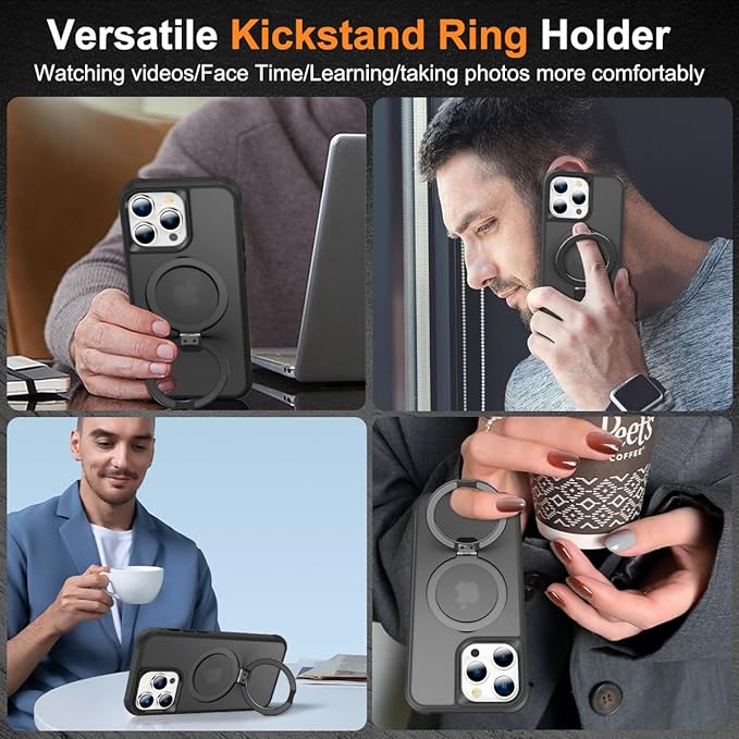 Magnetic Compatible with iPhone 13 Pro Case with Stand [Military Grade Drop Tested][Compatible with Magnet] Ring Translucent Slim Hard Back Soft Edge, Black