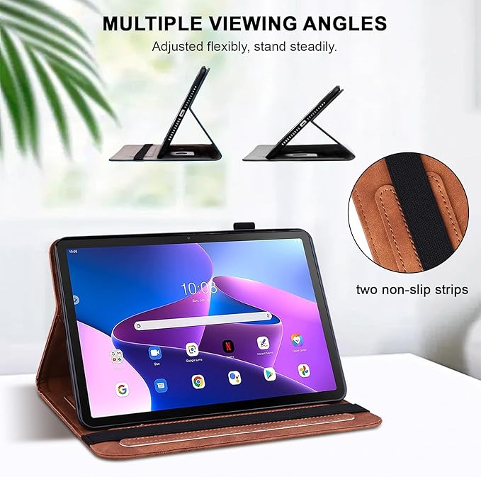 Case for Lenovo Tab M10 Plus 3rd Gen 10.6 Inch 2022 (TB125FU/128FU), Embossed Lace PU Leather Flip Folio Tablet Case with Elastic Band & Card Slots/Holder, Multi-Angle Viewing Stand Cover, Brown