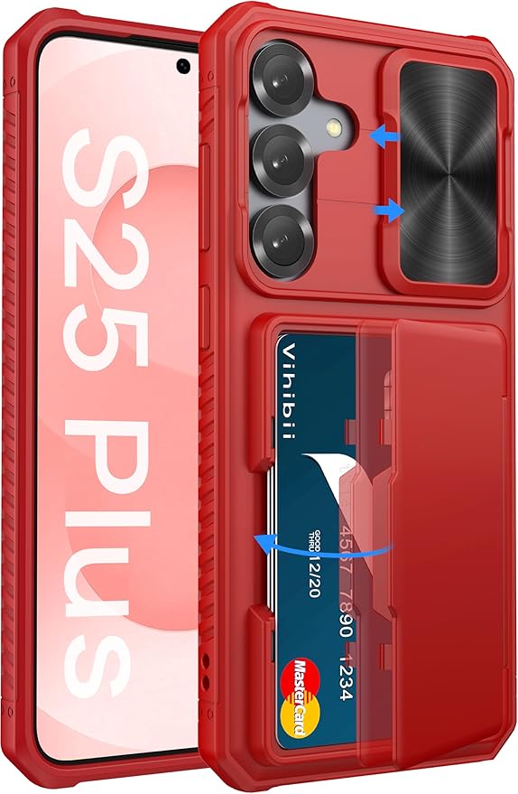 Vihibii for Samsung Galaxy S25+ Plus Wallet Case with Card Holder (4 Cards), [RFID Blocking] & Slide Camera Cover & Raised Edges Protect Screen, Shockproof Case for Galaxy S25+ Plus 6.7" 2025, Red