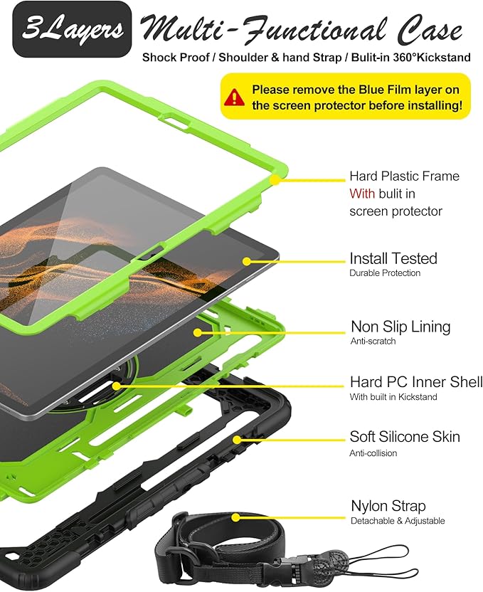 Case for Samsung Galaxy Tab S8 Plus 2022/S7 FE/S7 Plus 5G 12.4-inch Tablet Case Protective [with Screen Protector], Rotatable Kickstand, S Pen Holder, Hand/Shoulder Strap (Green)