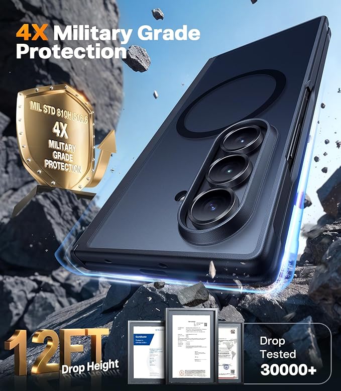 TORRAS Upgraded Magnetic Shockproof for Samsung Galaxy Z Fold 7 Case with Screen Protector, Fit for MagSafe, 4X Military Grade Hinge Protection, Translucent Slim Case for Samsung Z Fold 7, Black