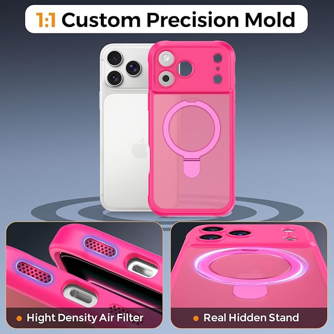 MOCCA Compatible with iPhone 17 Pro Max Case with Magnetic Invisible Stand [Full Camera Protection] [Compatible with Magsafe] Military Drop Shockproof Translucent Matte Phone Case Cover 6.9",Hot Pink