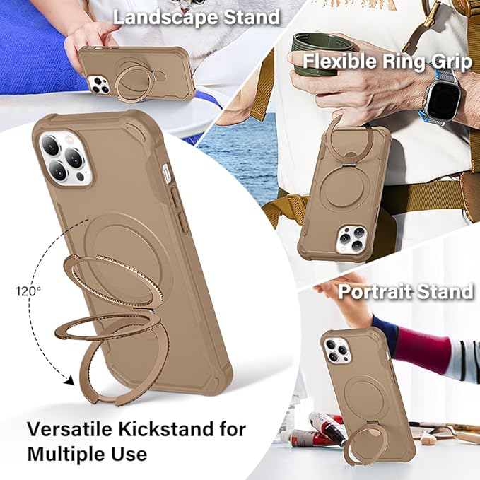Designed for iPhone 14 Pro Max Case with Magnetic Stand [Military Drop Protection][Compatible with Magnet] Shockproof 14 Pro Max Phone Case with Ring Holder, Khaki