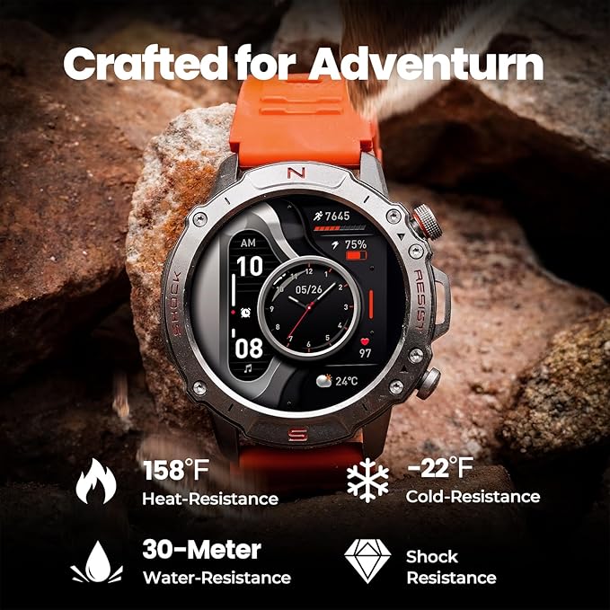WalkerFit Military Rugged Smart Watch for Men 1.43" AMOLED Smartwatch, Always-on, 3ATM Waterproof for Swim, HR Sleep Monitor, Bluetooth Call Fitness Watch for iPhone Andriod Compatible, Silver Orange