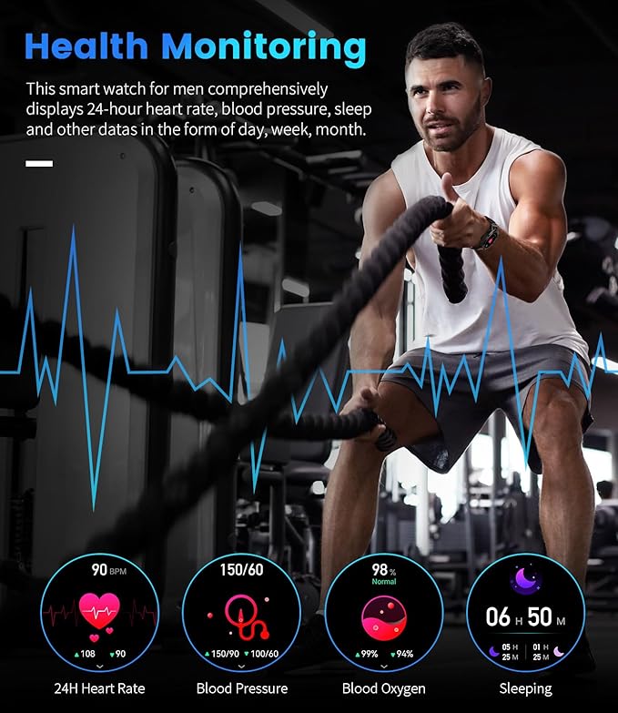 Smart Watch for Men Answer/Make Call for Android iOS, 400mAh Military Smartwatch Blood Oxygen Sleep Monitor Step Counter, 2 Watch Straps, Waterproof Smart Watches Silver