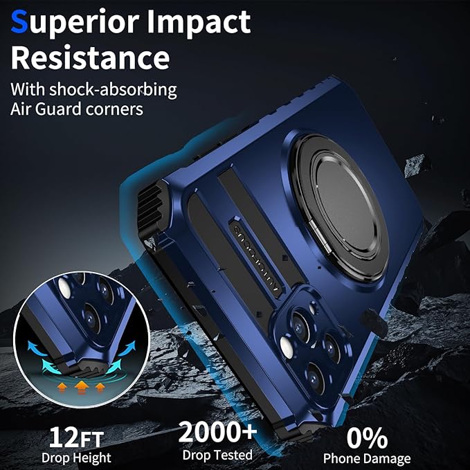 for iPhone 13 Pro Max Case Magnetic Compatible with Wireless Charging,Phone Case with 2 Screen Protectors,Built-in Kickstand Ring Military Grade Drop Shockproof Heavy Duty Protection Blue