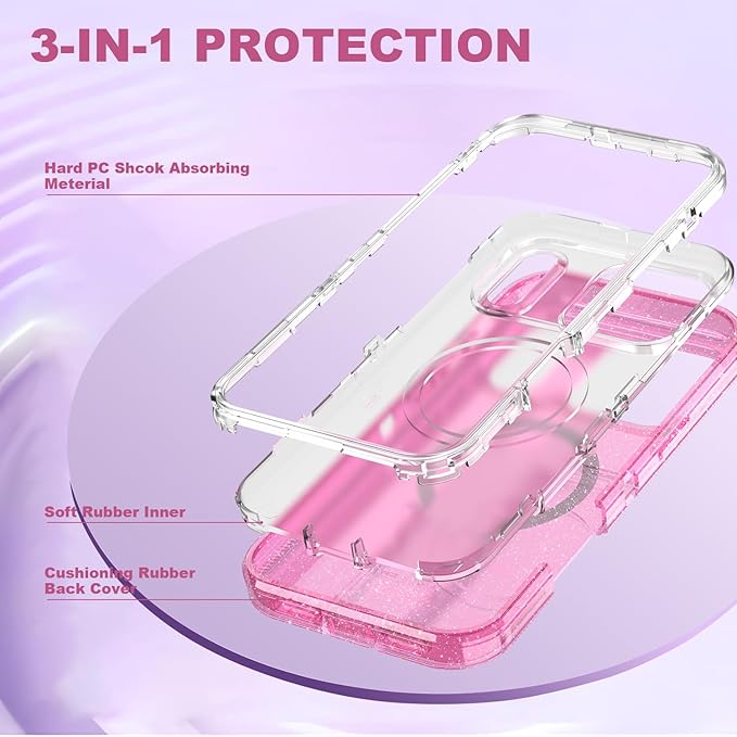 Designed for iPhone 17 Pro Case,[Compatible with Magsafe] [Non-Yellowing] [Without Screen Protector] Shockproof/Dust/Drop Proof 3-Layer Full Body Protection Rugged Heavy Duty Cover, Pink Glitter