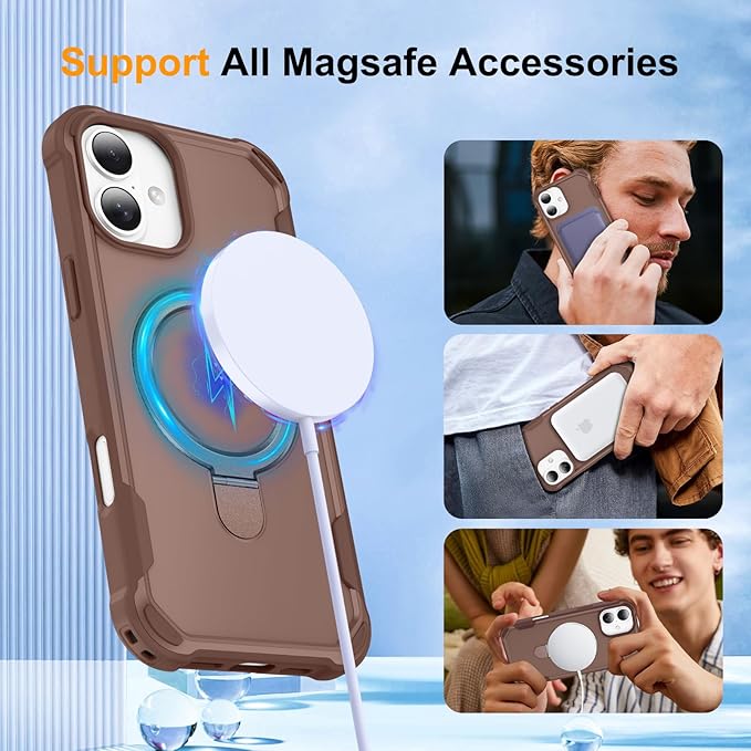 Compatible with iPhone 16 Case with Invisible Magnetic Ring Stand [Compatible with Magnetic] [Military Drop Protection] Shockproof Slim Hard Back Soft Edge Case 6.1 Inch, Khaki