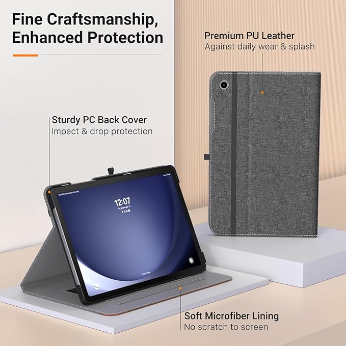 MoKo Case for Samsung Galaxy Tab A9 Plus 11" 2023 (SM-X210/SM-X216/SM-X218), PU Leather Multi-Angle Viewing Folding Stand Cover Case with Hand Strap, Front Pocket, Auto Wake/Sleep, Denim Grey & Brown
