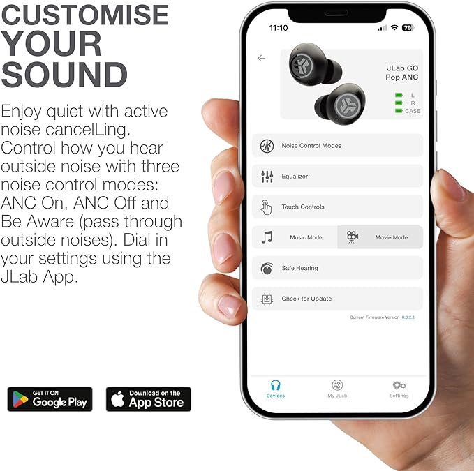 JLab Go Pop ANC True Wireless Earbuds & Charging Case, Transparent Neon Green, Active Noise Cancelling, 10mm Drivers, Dual Connect, Customize Your Sound with App, Be Aware Mode, MEMS Microphone