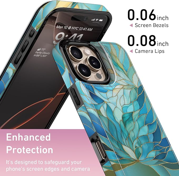 FUNMIKO for iPhone 16 Pro Wallet Case with Card Holder, RFID-Blocking, Military-Grade Protection & UV-Printed Artwork, Magnetic Closure with Leather Kickstand - Sleek Cyan Leaf