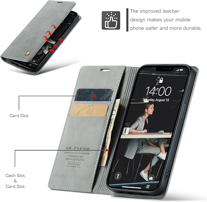 QLTYPRI Case for iPhone 14, Vintage PU Leather Wallet Case Card Slot Kickstand Magnetic Closure Shockproof Flip Folio Book Case Cover for iPhone 14(6.1 inch) - Grey