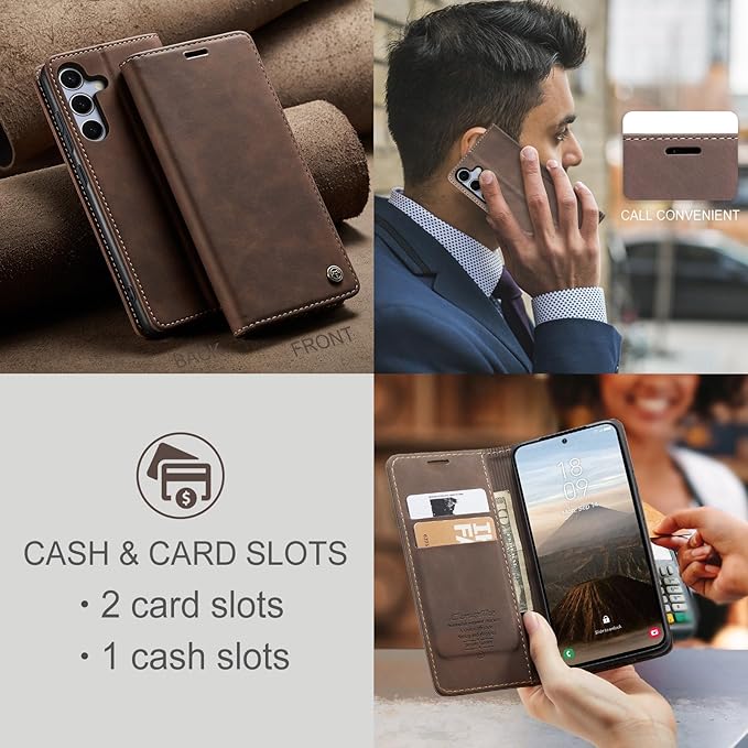 for Samsung Galaxy S25 Case, Flip Wallet Leather Case with Card Holder Magnetic Closure Shockproof Kickstand Protective Phone Cases Cover for Galaxy S25, Coffee