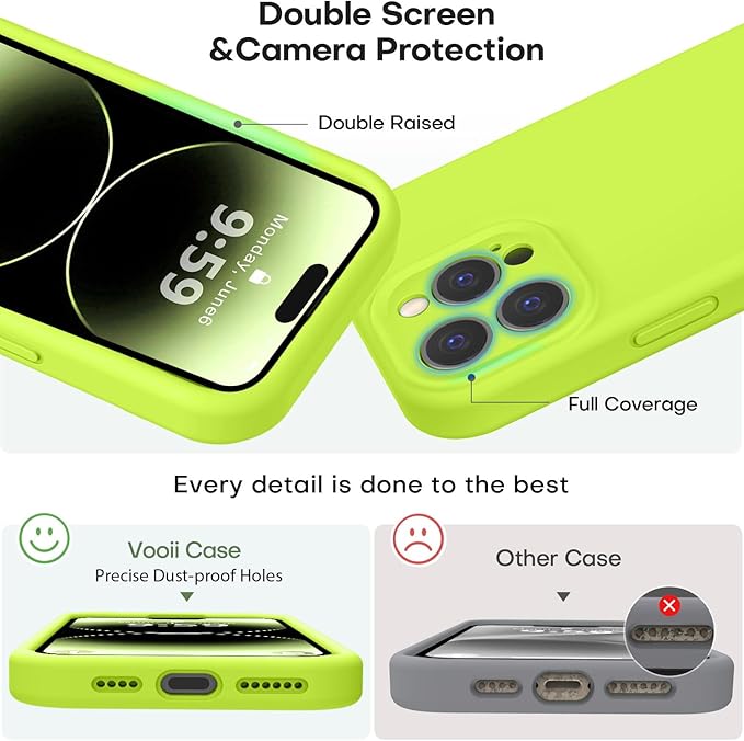 Vooii Compatible with iPhone 14 Pro Case, Liquid Silicone Upgrade [Camera Protection] [Soft Anti-Scratch Microfiber Lining] Shockproof Phone Case for iPhone 14 Pro 6.1 inch - Fluorescent Green