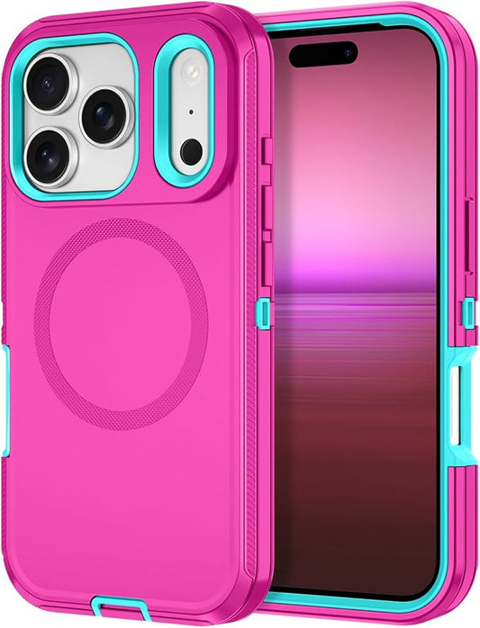 for iPhone 17 Pro Max Case [Compatible with MagSafe] Shockproof 3-Layer Full Body Protection [Without Screen Protector] Rugged Heavy Duty Cover Case for Apple iPhone 17 Pro Max,Rose Red/Green