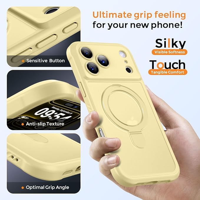 MOCCA Compatible with iPhone 17 Pro Max Case with Magnetic Invisible Stand [Full Camera Protection] [Compatible with Magsafe] Military Drop Shockproof Translucent Matte Phone Case Cover,Creamy Yellow