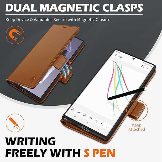 SHIELDON Case for Galaxy S25 Ultra, Genuine Leather Wallet Case with Kickstand RFID Blocking Card Holder Magnetic Shock Absorbing Cover Compatible with Galaxy S25 Ultra 6.9" 2025 - Nappa Saddle Brown