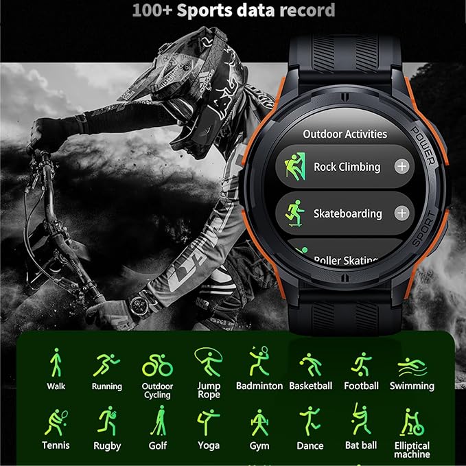Military-Style Smartwatch for Men,5ATM Waterproof, 1.43" AMOLED HD Display, 123+ Sport Modes, 24/7 Health Monitoring, Answer/Make Calls, for iOS/Android (Orange)