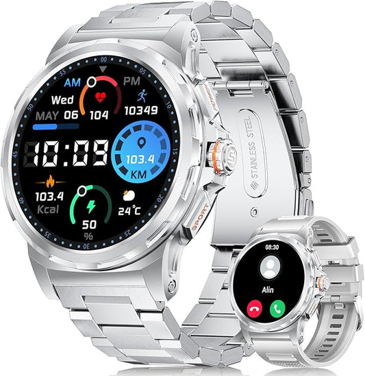 Military Smart Watch for Men(Answer/Dial Calls),1.46'' AMOLED Touchscreen/120 Sports Modes/5ATM Waterproof Fitness Watch with Heart Rate/SpO2/Blood Pressure/Pedometer for Android/iOS Smartwatch Silver