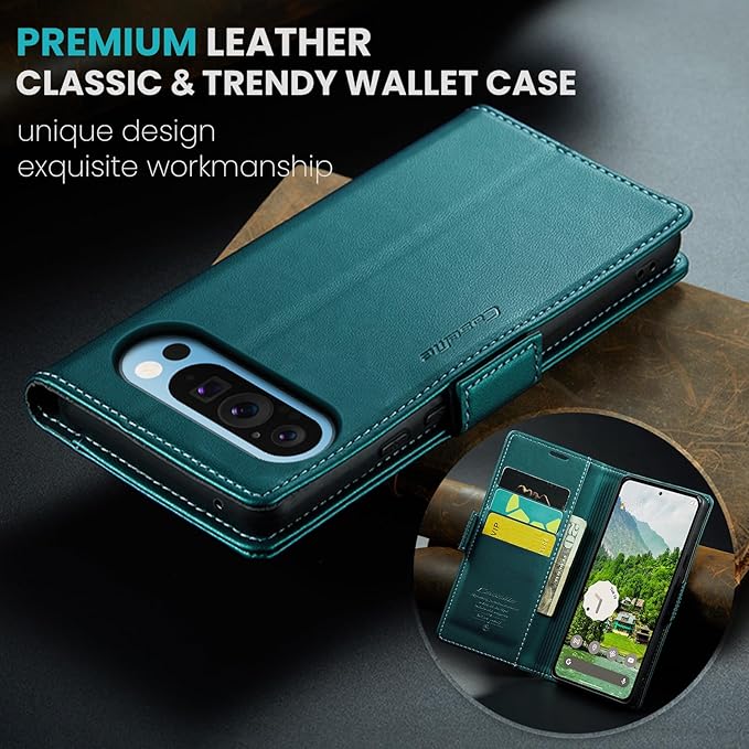 for Google Pixel 9 Pro XL Case, Premium PU Leather Wallet Case Flip Cover with [RFID Blocking][Card Holder][Stand Function] Shockproof Protective for Google 9 Pro XL, Blue-Green