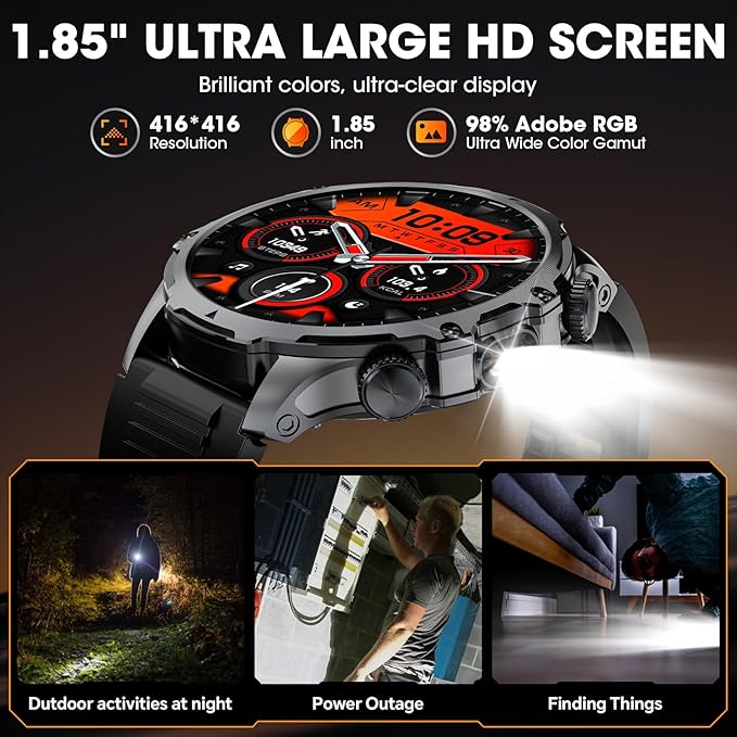 Military Smart Watch for Men (Answer/Make Call), 1,85" HD Touch Screen 700mAh Large Battery Fitness Watch with Flashlight/Heart Rate/Sleep Monitor Fitness Tracker for iPhone & Android Black