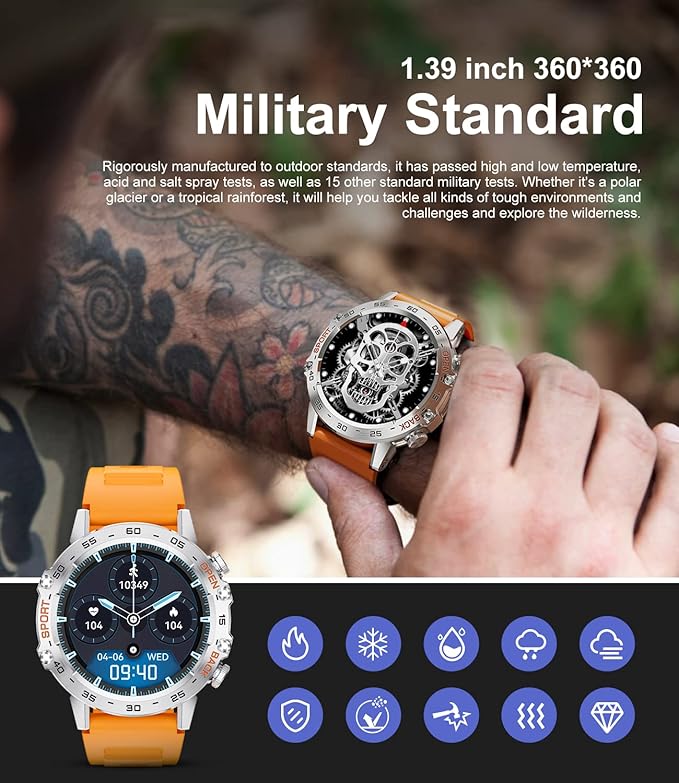 Military Smart Watch for Men(Answer/Dial Calls),100 Sports Modes, 5ATM Waterproof,1.39''HD Touchscreen Fitness Watch,with Heart Rate/Blood Pressure/SpO2 for Android/iOS Smart Watch Orange