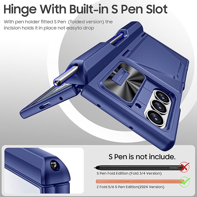 for Samsung Galaxy Z Fold 6 Case with Card Holder RFID Blocking & S Pen Holder& Slide Camera Cover& Hinge Protection& Full-Body Rugged Shockproof Wallet Case for Galaxy Z fold 6,Sapphire Blue