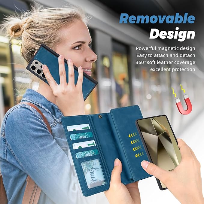 TwoHead for Samsung Galaxy S24 Ultra Wallet Case with Card Holder & Detachable Magnetic Phone Case for Galaxy S24 Ultra,PU Leather Shockproof Protective Phone Cover Wallet(6.8 in,Navy Blue)