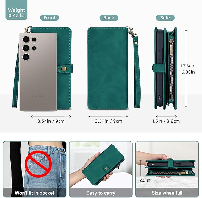 TwoHead for Samsung Galaxy S24 Ultra Wallet Case with Card Holder & Detachable Magnetic Phone Case for Galaxy S24 Ultra,PU Leather Shockproof Protective Phone Cover Wallet(6.8 in,Green)
