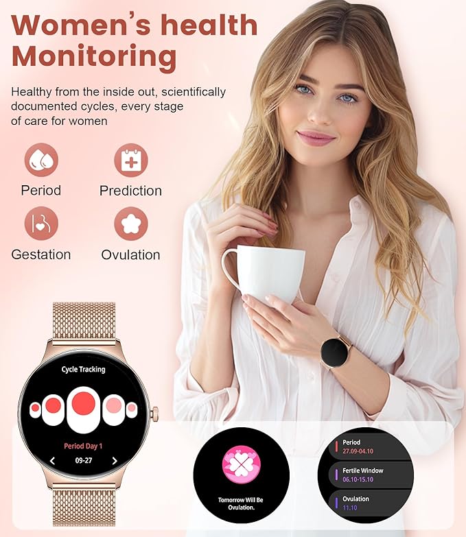Smart Watches for Women, 1.43" AMOLED Display Fitness Tracker with Bluetooth Make/Answer Call, Heart Rate/Female Cycle/Sleep Monitor, 100+ Sports Modes, IP67 Waterproof for Android/iPhone
