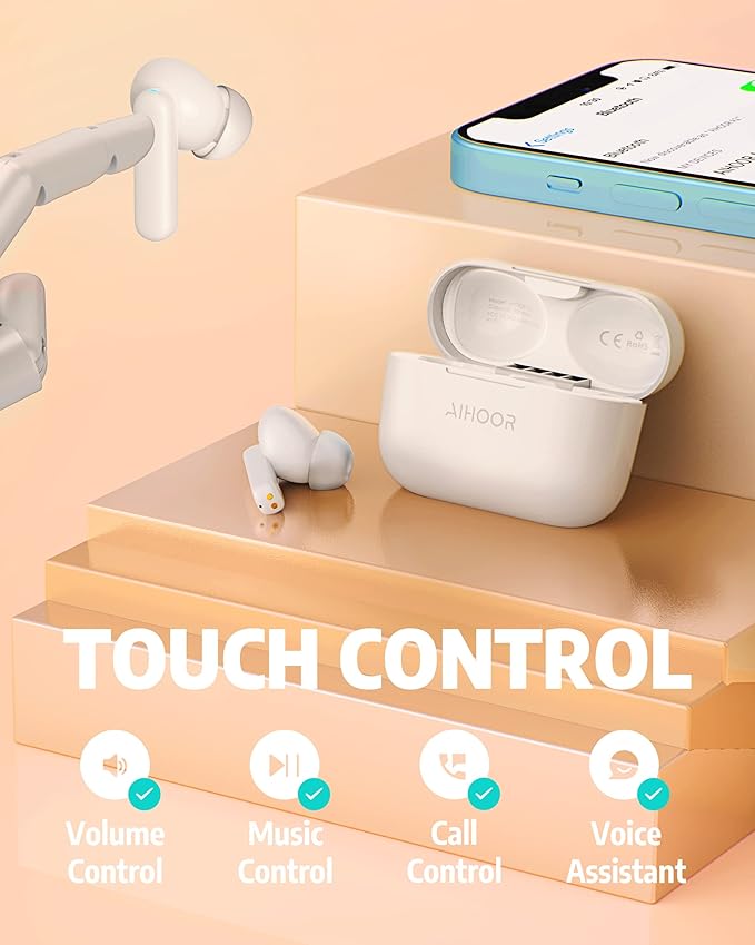 AIHOOR Wireless Earbuds for Music and Sports, Bluetooth 5.3 in-Ear Headphones with Extra Bass, Built-in Mic, Touch Control, USB Charging Case, 30hr Battery Earphones (High Gloss White)