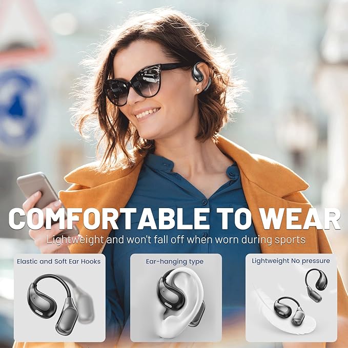 Open Ear Wireless Bluetooth Headphones, Sport Over Headset Built-in Mic, LED Display, Touch Control Earphones, IPX5 Waterproof for Sports Running Driving Cycling (Black)