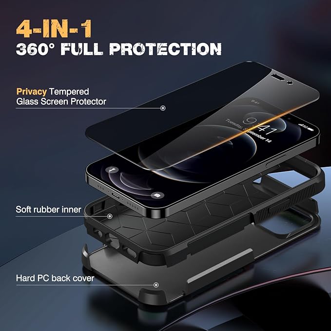 Diaclara Designed for iPhone 12 Pro Max Case, [with Privacy Screen Protector] [Anti Spy] [Military Grade Drop Protection] Heavy Duty Full-Body Shockproof Phone Case, Black