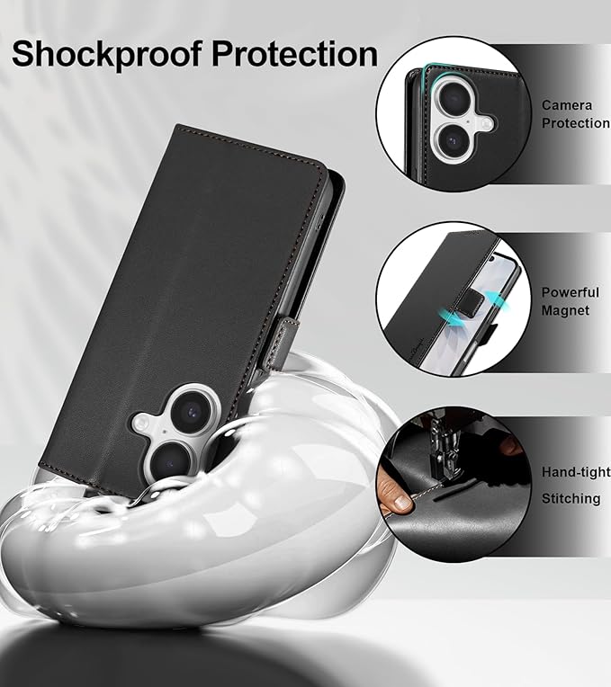 Wallet Flip Case for iPhone 17 5G - [RFID Blocking] Luxury PU Leather Card Holder Magnetic Phone Cover with Kickstand,Shockproof Protective Case,Black