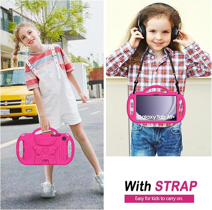 AVAWO Kids Case for Samsung Galaxy Tab A9+/A9 Plus 11 Inch 2023 Case, with Strap, Shockproof Lightweight Handle Stand 2023 Model (SM-X210/X216/X218) with Lanyard, Rose