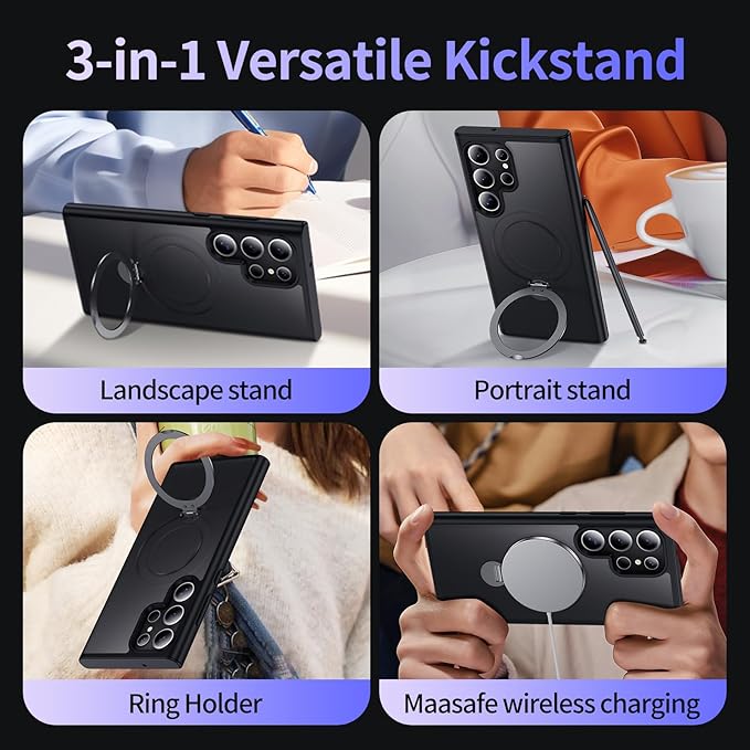 for Samsung Galaxy S23 Ultra Case,Compatible with Magsafe [Wireless Charging],with 360°Rotatable Magnetic Ring Stand Matte Translucent Slim Soft Edge Phone Kickstand,Black