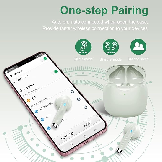 Wireless Earbuds, Bluetooth 5.4 Headphones In Ear with Noise Cancelling Mic, Bluetooth Earbuds Stereo Bass, IP7 Waterproof Sports Earphones, 32H Playtime USB C Charging Green Ear Buds for Android iOS