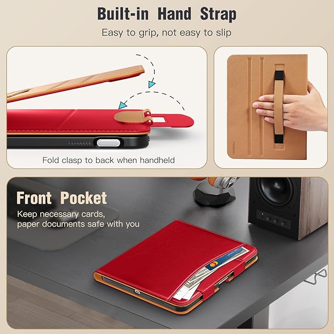 MoKo for iPad (A16) 11th Generation Case 11 inch 2025, iPad 10th Generation Case 10.9" 2022 with Pencil Holder & Pocket, Premium Leather Folio Stand Cover, Multiple Viewing Angles, Red