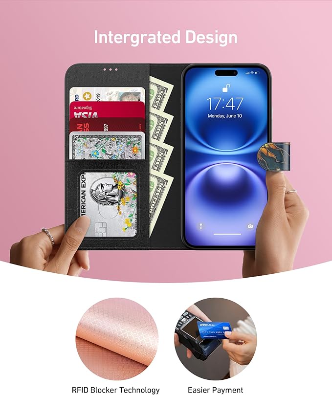 DEENAKIN for iPhone 16 Wallet Case with Card Holder + Cash Clip, RFID-Blocking, Military-Grade Drop Protection, Magnetic Closure with Leather Kickstand - Solar Lunar Harmony