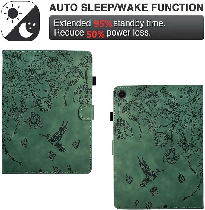 KEROM Case for Samsung Galaxy Tab A9+ Plus 11 Inch 2024 2023 (SM-X210/X216/X218), Embossed Suede Leather Folio Stand Cover with Auto Wake/Sleep & Card Slot & Pen Holder - Green Bird Flower Embossing
